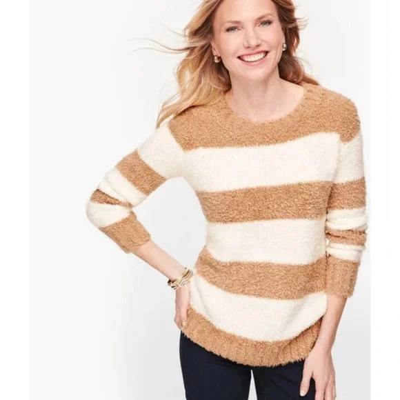 Talbots Ultra Plush Stripe Crewneck Sweater Tan Cream Size XL - Picture 2 of 3